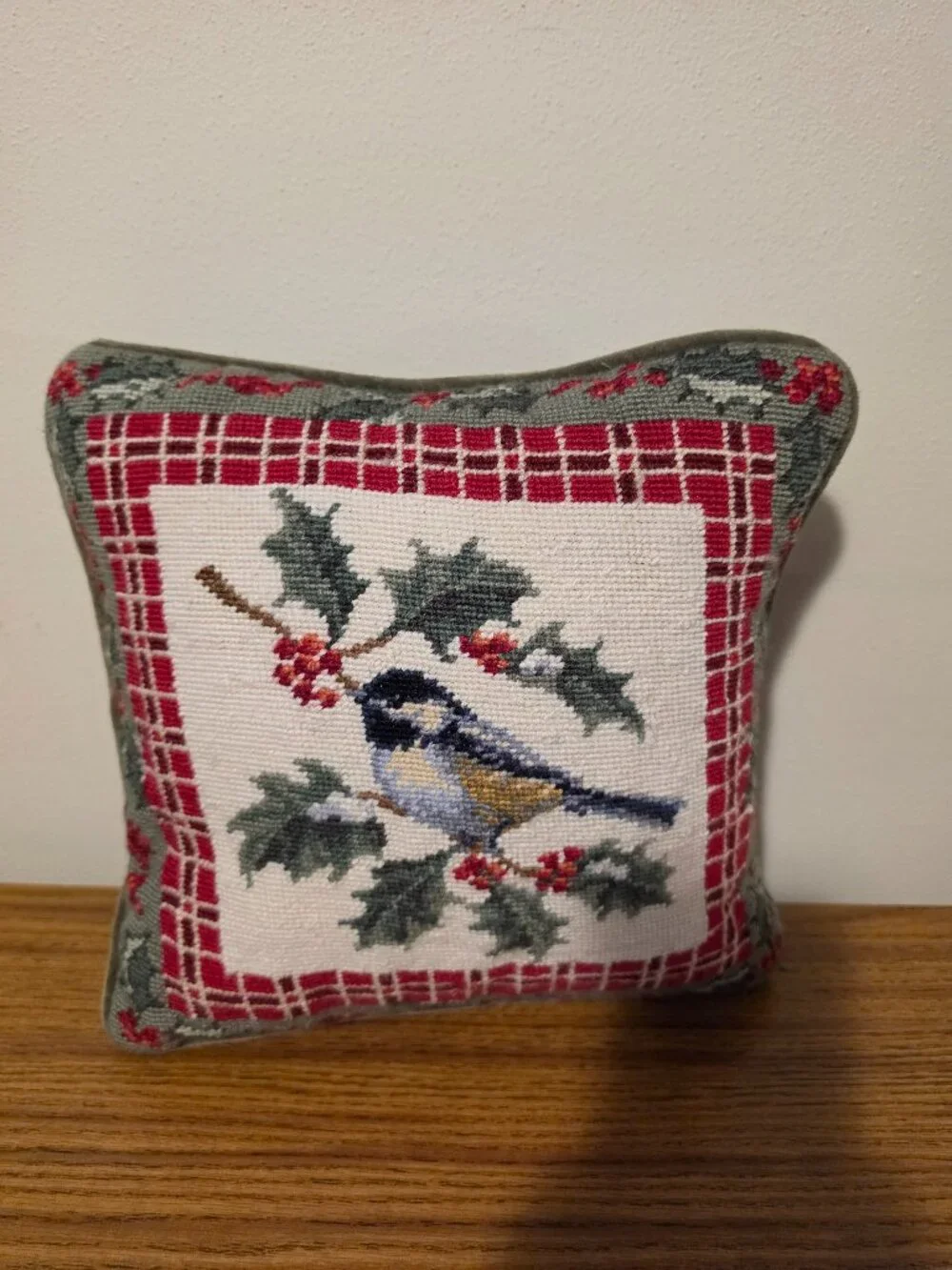 Chickadee Bird Needlepoint Throw Pillow Holly Berries Red Plaid Velvet Zipper